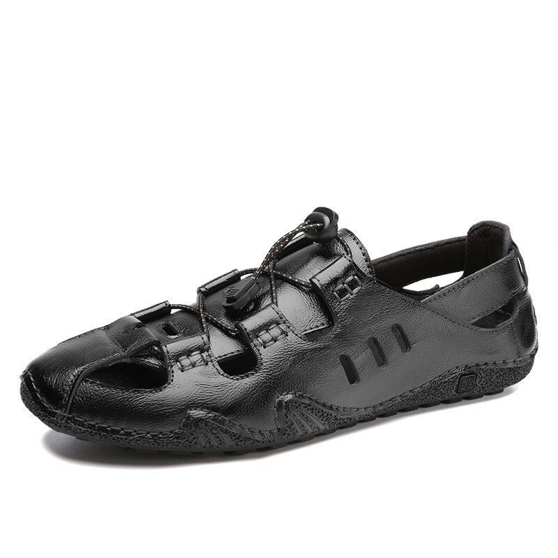 Herren Rindsleder Ausgehöhlt Atmungsaktive Weiche Sohle Slip On Bequeme Fahr Freizeit Strandschuhe