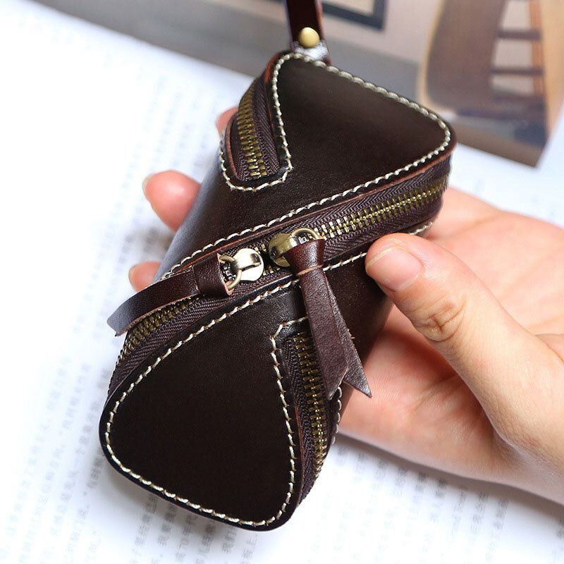 Echtes Leder Für Herren Einfarbig Oval Reißverschluss Retro Schlüsseletui Kartenetui Clutch Taschen