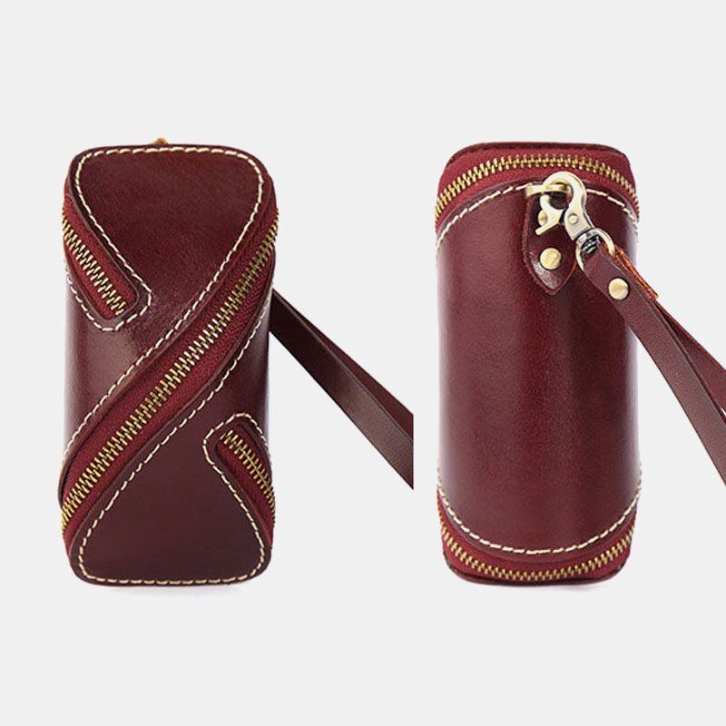 Echtes Leder Für Herren Einfarbig Oval Reißverschluss Retro Schlüsseletui Kartenetui Clutch Taschen