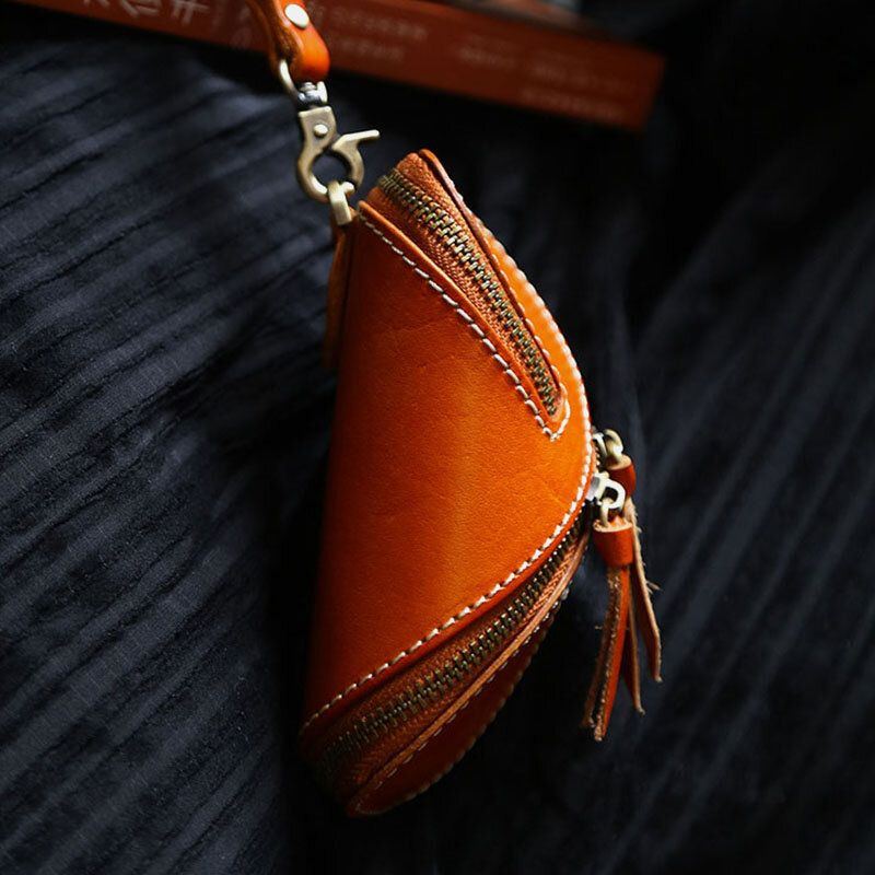 Echtes Leder Für Herren Einfarbig Oval Reißverschluss Retro Schlüsseletui Kartenetui Clutch Taschen