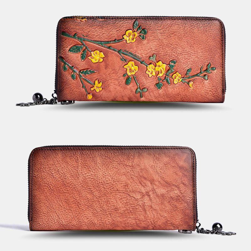 Damen Echtes Leder Brieftasche Floral Geprägtes Muster Retro Lange Geldbörse Geld Brieftaschen Clutch Taschen