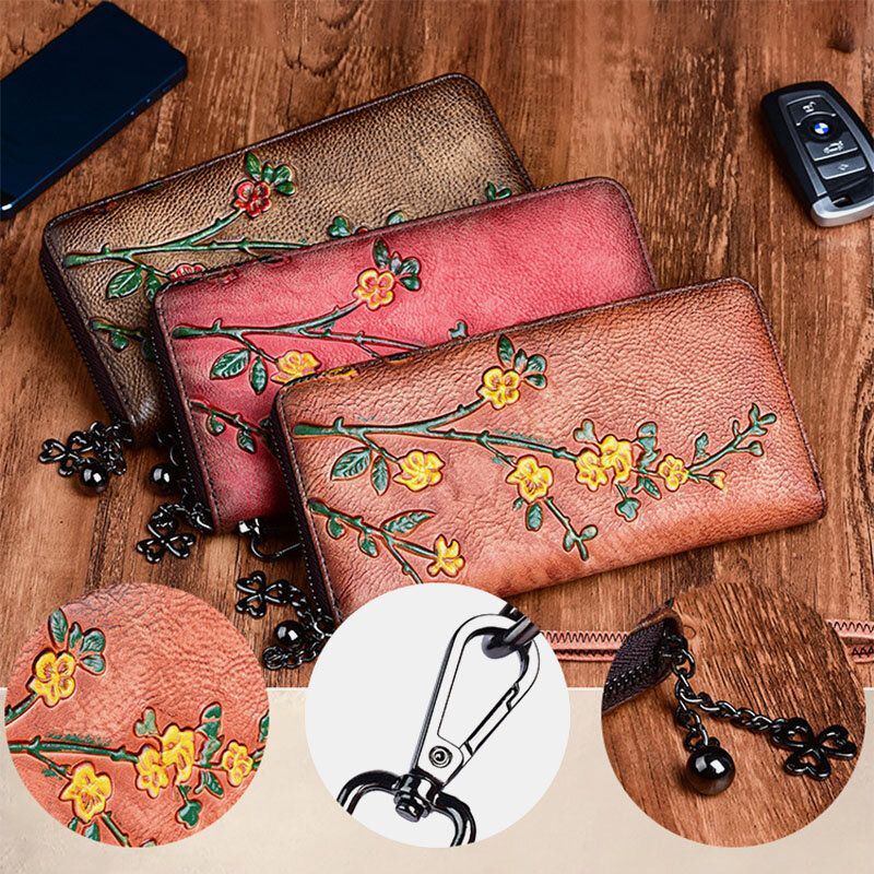 Damen Echtes Leder Brieftasche Floral Geprägtes Muster Retro Lange Geldbörse Geld Brieftaschen Clutch Taschen