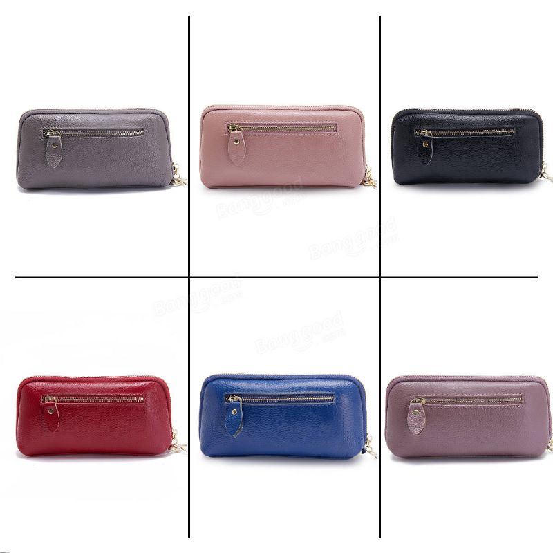 Damen Echtleder Clutch Beutel Reißverschluss Lange Geldbörse Zweifach Geldbörse