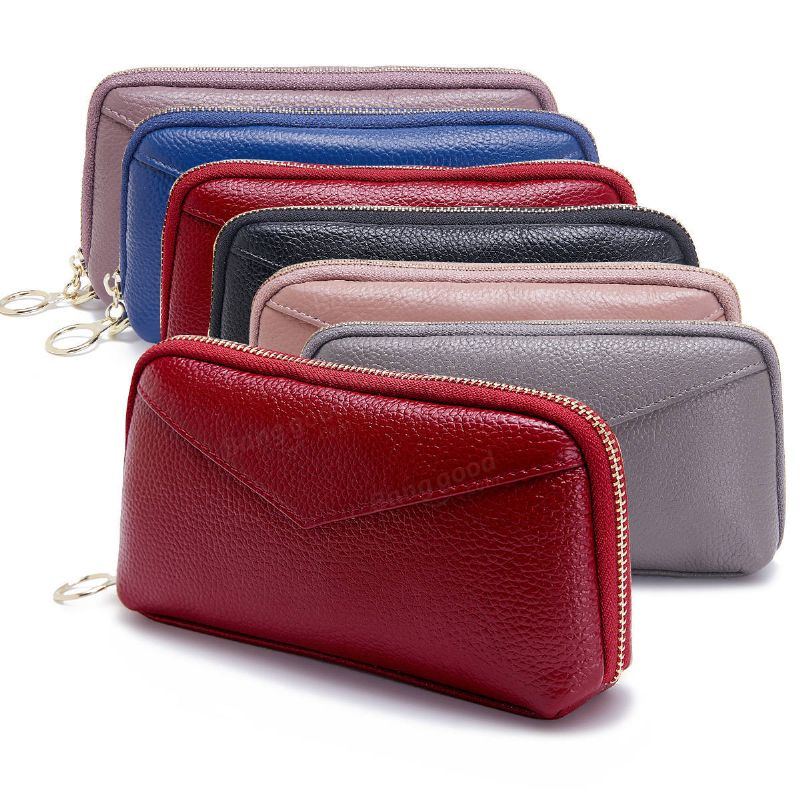 Damen Echtleder Clutch Beutel Reißverschluss Lange Geldbörse Zweifach Geldbörse