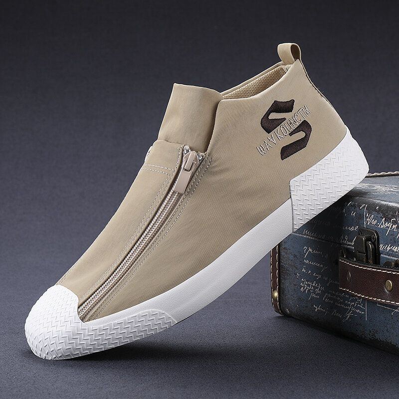 Herren Rubber Cap Toe Front Zipper Bequeme Atmungsaktive Canvas High Top Ankle Casual Sneakers