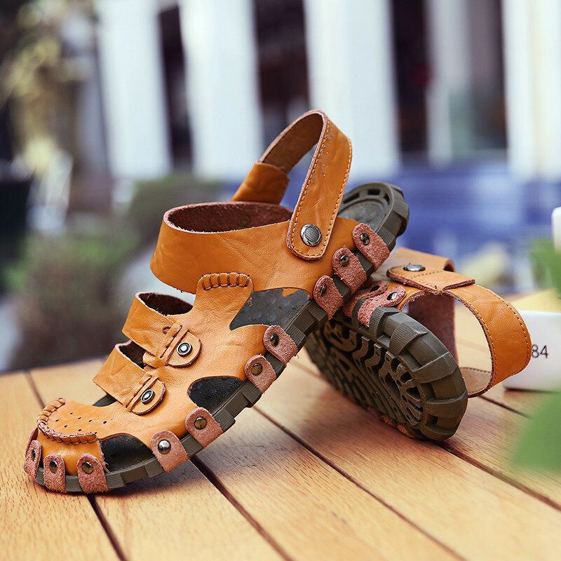 Herren Leder Atmungsaktive Weiche Sohle Rutschfeste Geschlossene Zehen Strand Lässige Outdoor Sandalen