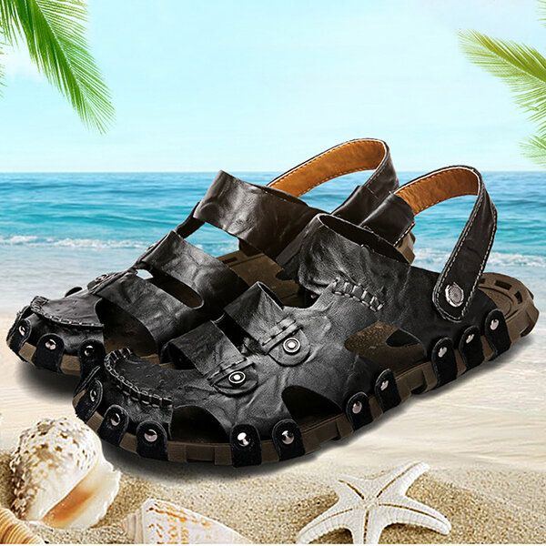 Herren Leder Atmungsaktive Weiche Sohle Rutschfeste Geschlossene Zehen Strand Lässige Outdoor Sandalen