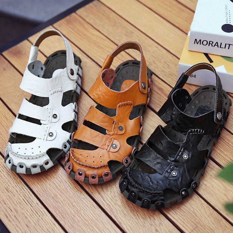 Herren Leder Atmungsaktive Weiche Sohle Rutschfeste Geschlossene Zehen Strand Lässige Outdoor Sandalen