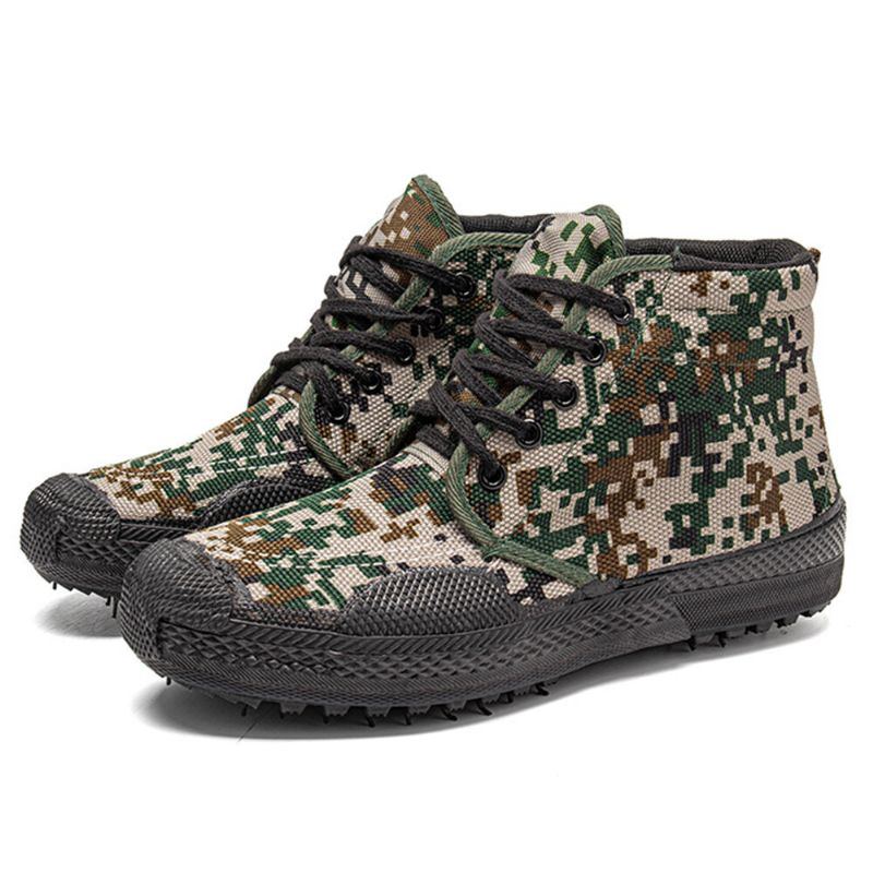 Men Canvas Camouflage Pattern Wear Resistant Breathable Rubber Vulkanisierte High Top Befreiungsschuhe Militärtrainingsschuhe Turnschuhe Sportschuhe