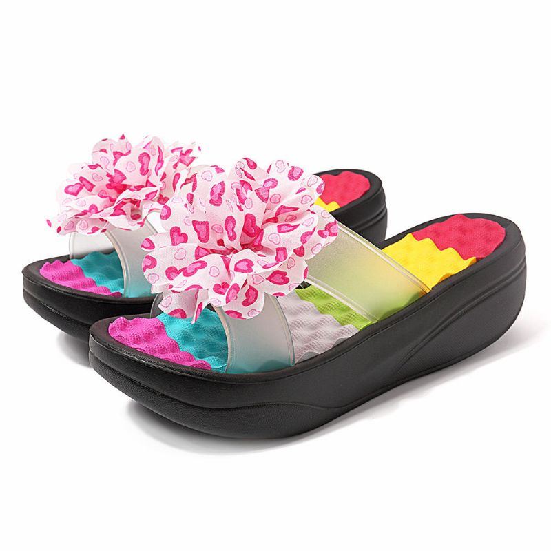 Damen Sommer Hausschuhe Flip Flops Plateau Blumenschuhe