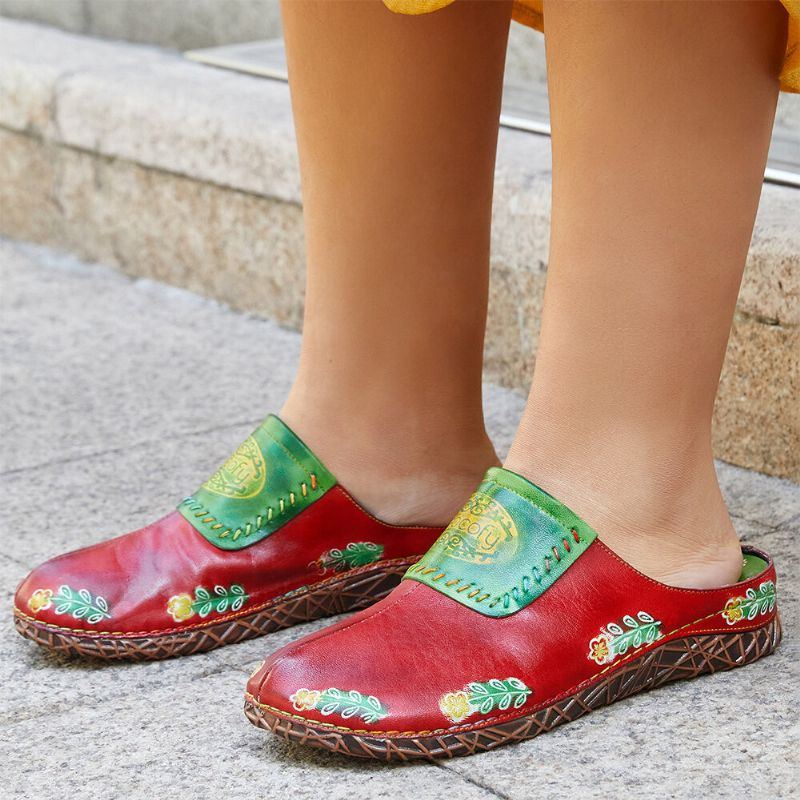 Echtes Leder Für Damen Handgefertigt Retro Ethno Blumen Slip On Bequeme Geschlossene Zehenhausschuhe