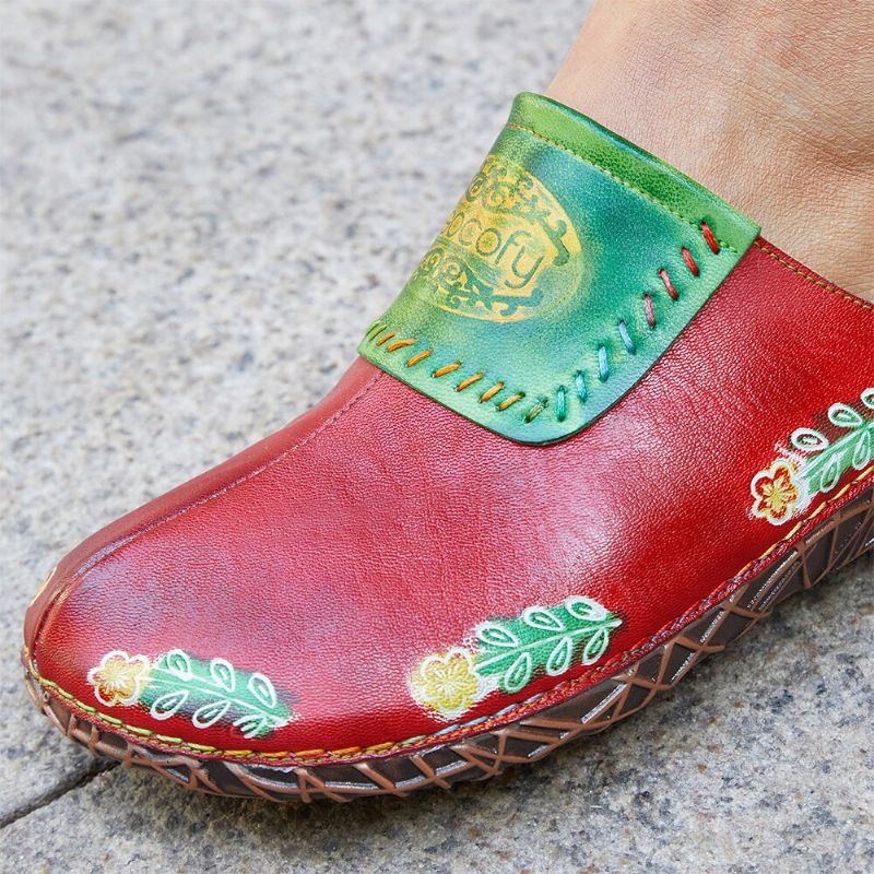 Echtes Leder Für Damen Handgefertigt Retro Ethno Blumen Slip On Bequeme Geschlossene Zehenhausschuhe