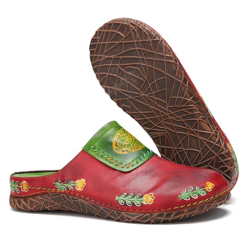 Echtes Leder Für Damen Handgefertigt Retro Ethno Blumen Slip On Bequeme Geschlossene Zehenhausschuhe