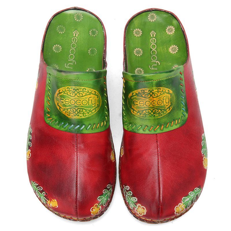 Echtes Leder Für Damen Handgefertigt Retro Ethno Blumen Slip On Bequeme Geschlossene Zehenhausschuhe