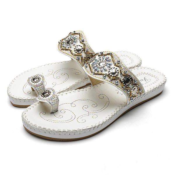 Damen Böhmen Sandalen Clip Toe Flache Stickerei Casual Beach Slipper