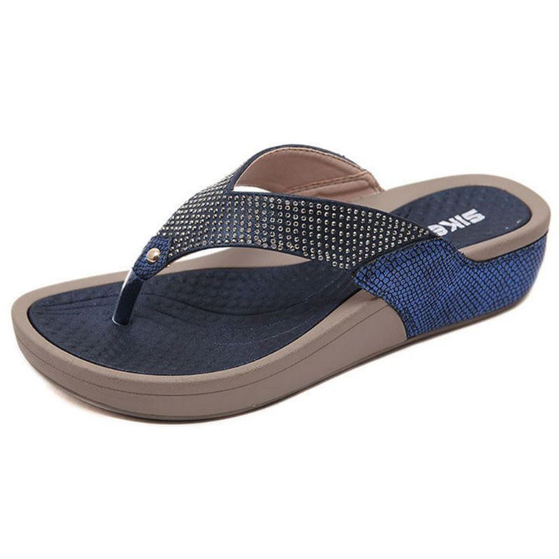 Damen Flipflop Sandelholz Strand Strass Plateauhausschuhe