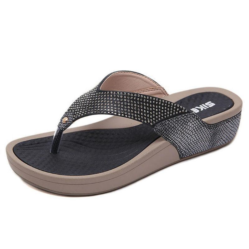 Damen Flipflop Sandelholz Strand Strass Plateauhausschuhe