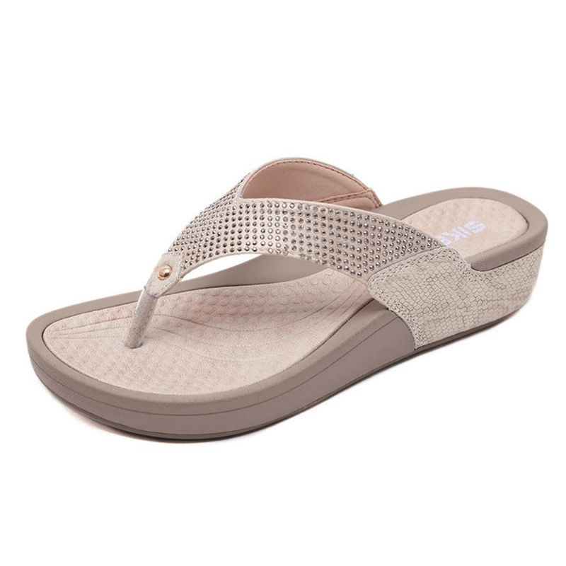 Damen Flipflop Sandelholz Strand Strass Plateauhausschuhe