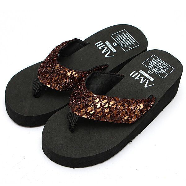 Damen Pailletten Sommer Strand Flip Flops Keilsandalen