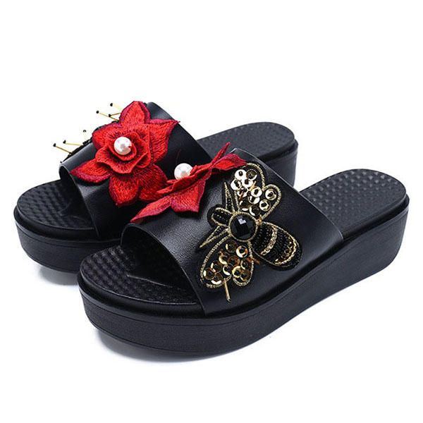 Damen Sommer Sandelholz Slipper Auf Weichen Sohlen Blumenstickerei Hausschuhen