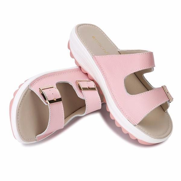 Große Damen Peep Toe Sandalen Aus Weichem Leder Mit Schnalle Zum Hineinschlüpfen