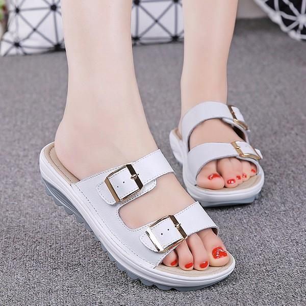 Große Damen Peep Toe Sandalen Aus Weichem Leder Mit Schnalle Zum Hineinschlüpfen