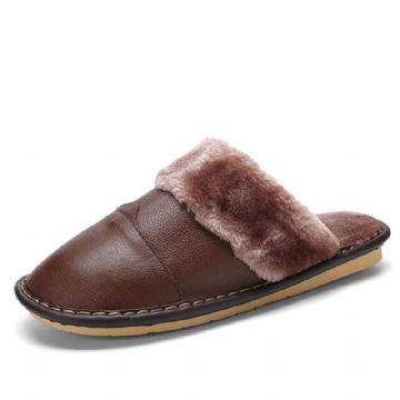 Herren First Layer Rindsleder Rutschfest Warmeh Round Toe Slip On Bequeme Baumwollhausschuhe