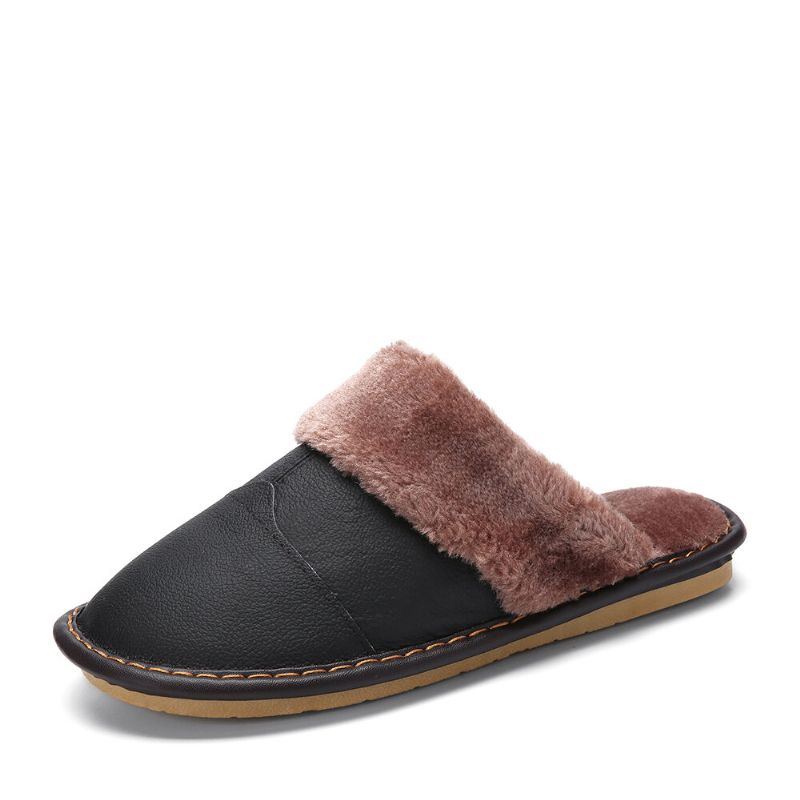 Herren First Layer Rindsleder Rutschfest Warmeh Round Toe Slip On Bequeme Baumwollhausschuhe