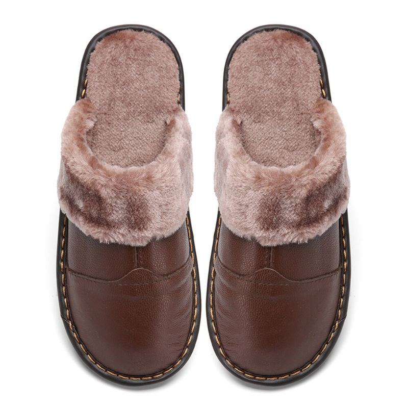 Herren First Layer Rindsleder Rutschfest Warmeh Round Toe Slip On Bequeme Baumwollhausschuhe