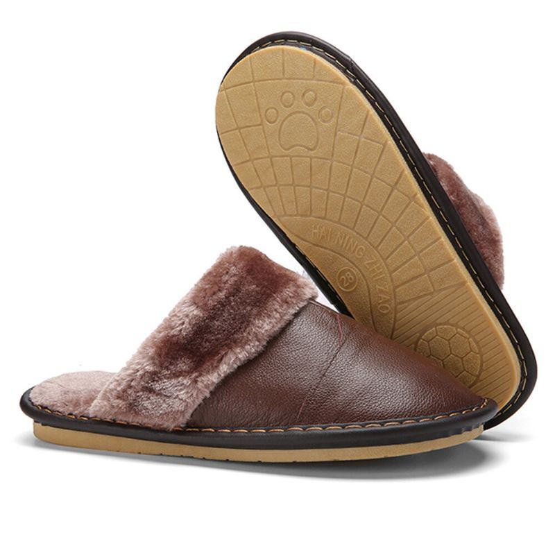 Herren First Layer Rindsleder Rutschfest Warmeh Round Toe Slip On Bequeme Baumwollhausschuhe