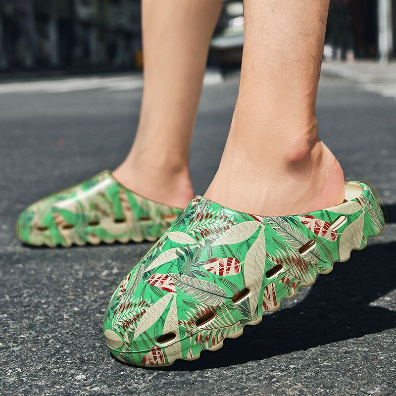 Herren Pvc Coconut Tree Print Weiche Dicke Sohle Rutschfeste Bequeme Atmungsaktive Sommer Casual Home Slide Hausschuhe