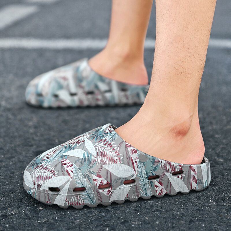 Herren Pvc Coconut Tree Print Weiche Dicke Sohle Rutschfeste Bequeme Atmungsaktive Sommer Casual Home Slide Hausschuhe