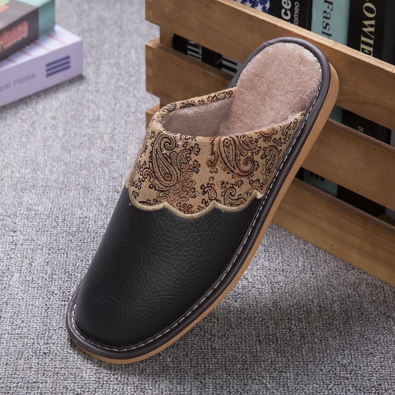 Herren Winter Pu Leder Runde Zehe Warm Easy Slip On Home Cotton Slippers