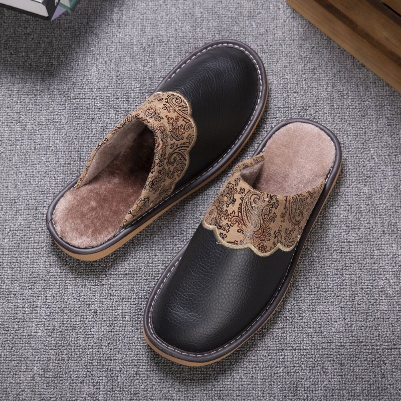 Herren Winter Pu Leder Runde Zehe Warm Easy Slip On Home Cotton Slippers