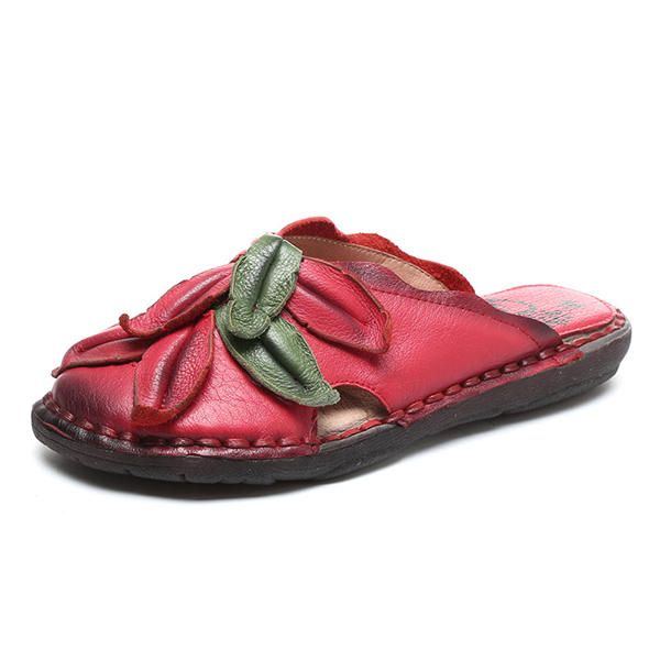 Lässiger Retro Blumen Slipper Aus Echtem Leder Für Damen