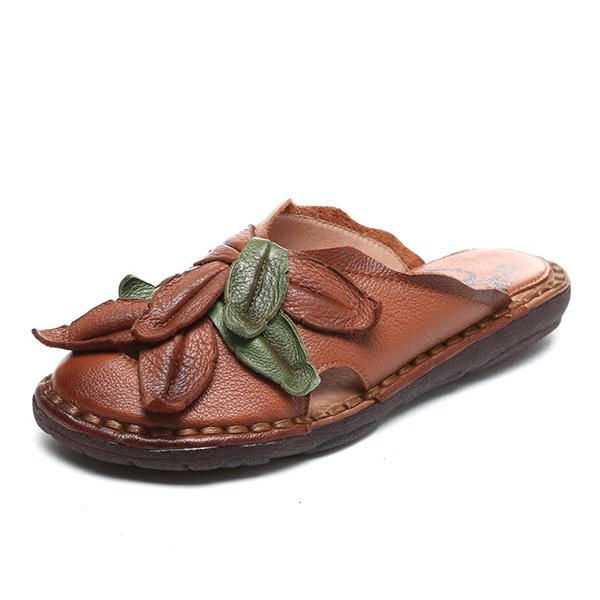 Lässiger Retro Blumen Slipper Aus Echtem Leder Für Damen