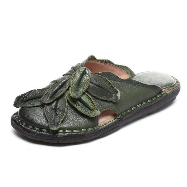 Lässiger Retro Blumen Slipper Aus Echtem Leder Für Damen