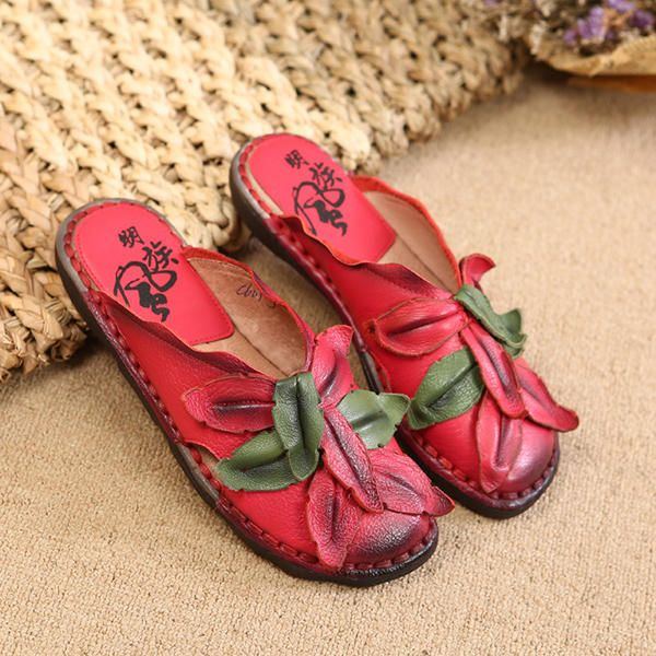 Lässiger Retro Blumen Slipper Aus Echtem Leder Für Damen