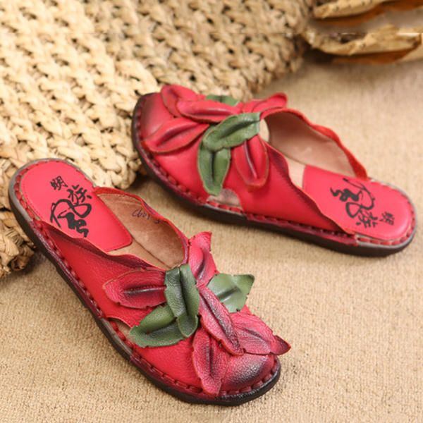 Lässiger Retro Blumen Slipper Aus Echtem Leder Für Damen