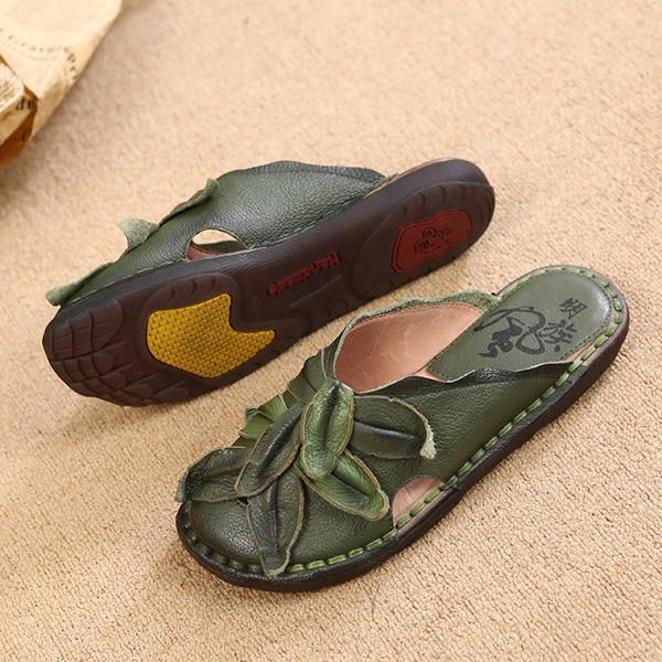 Lässiger Retro Blumen Slipper Aus Echtem Leder Für Damen