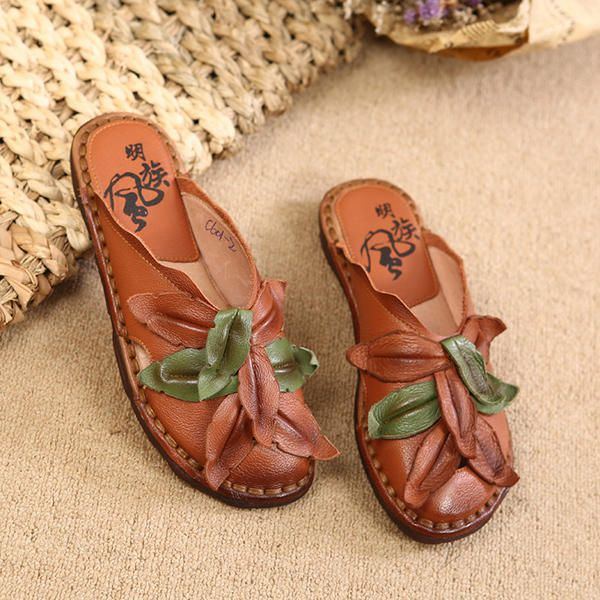 Lässiger Retro Blumen Slipper Aus Echtem Leder Für Damen