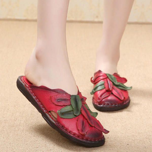 Lässiger Retro Blumen Slipper Aus Echtem Leder Für Damen