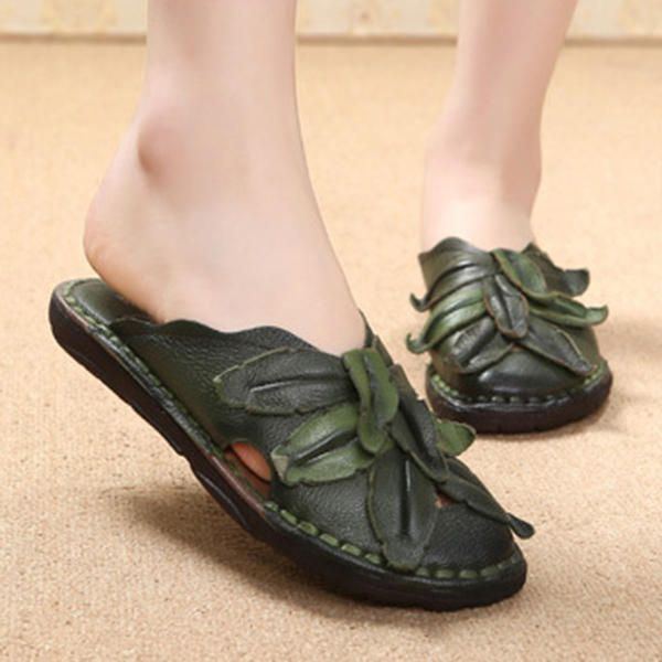 Lässiger Retro Blumen Slipper Aus Echtem Leder Für Damen