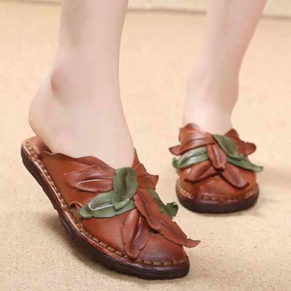 Lässiger Retro Blumen Slipper Aus Echtem Leder Für Damen