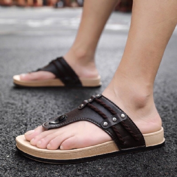 Herren Leder Atmungsaktive Bequeme Rutschfeste Flip Flops Lässige Strandhausschuhe