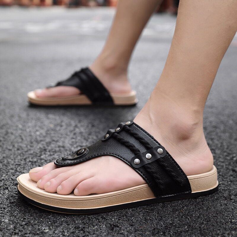 Herren Leder Atmungsaktive Bequeme Rutschfeste Flip Flops Lässige Strandhausschuhe