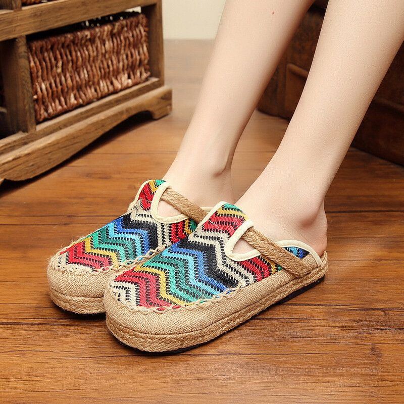 Regenbogen Espadrilles Für Damen Flachs Backless Loafer