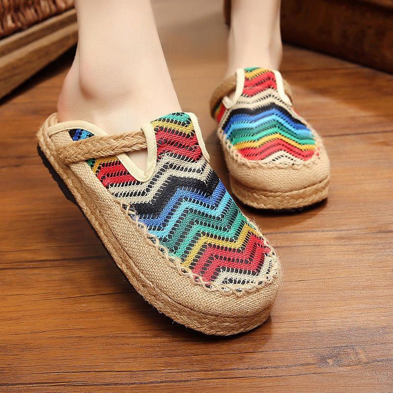 Regenbogen Espadrilles Für Damen Flachs Backless Loafer