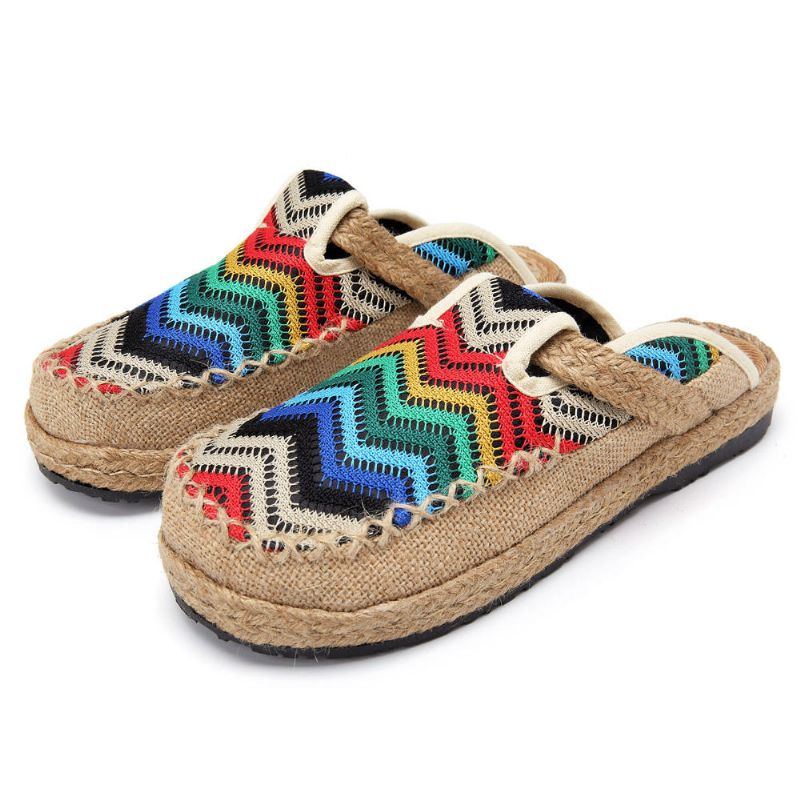 Regenbogen Espadrilles Für Damen Flachs Backless Loafer