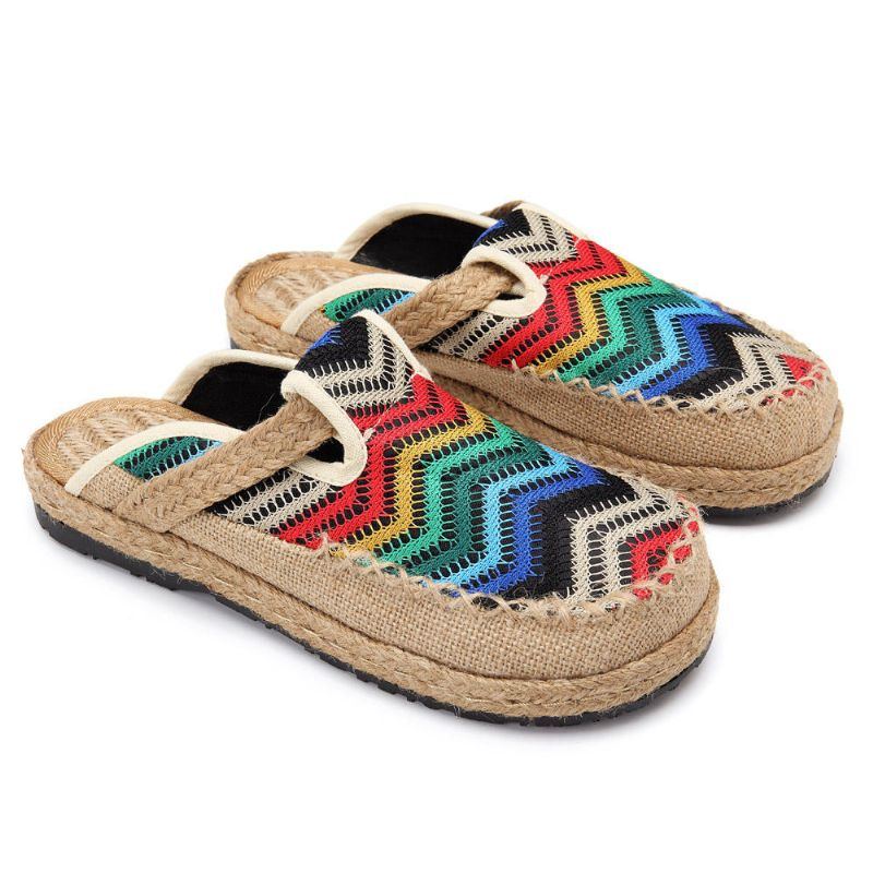 Regenbogen Espadrilles Für Damen Flachs Backless Loafer